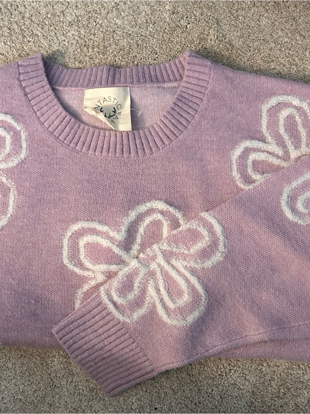 Fantastic Fawn Lavender Crewneck Sweater with White Floral Detail
